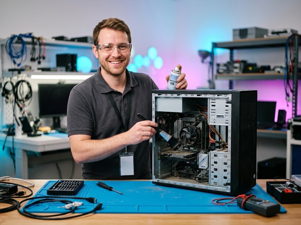 Técnico de Informática S&R haciendo limpieza y mantenimiento de un ordenador