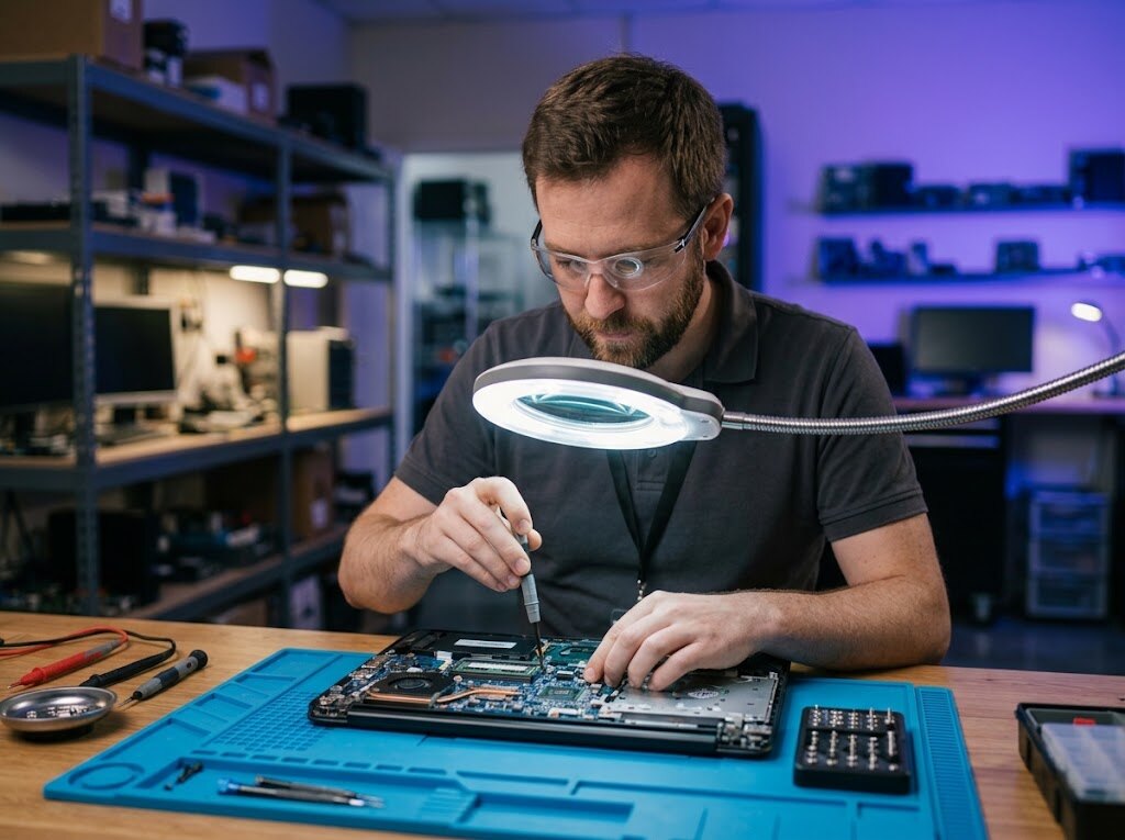 Técnico de Informática S&R reparando la placa base de un portátil