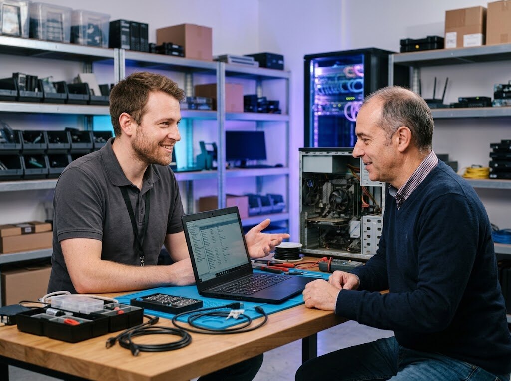 Técnico de Informática S&R explicando una reparación a un cliente