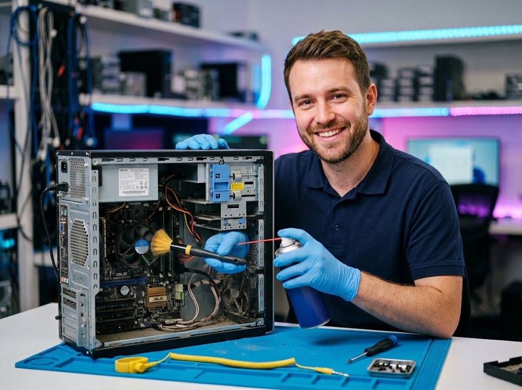 Técnico de Informática S&R limpiando el interior de un ordenador