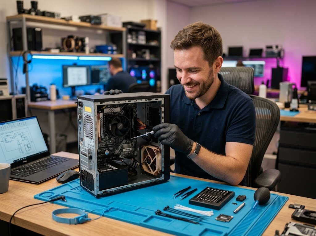Técnico de Informática S&R reparando un ordenador de sobremesa